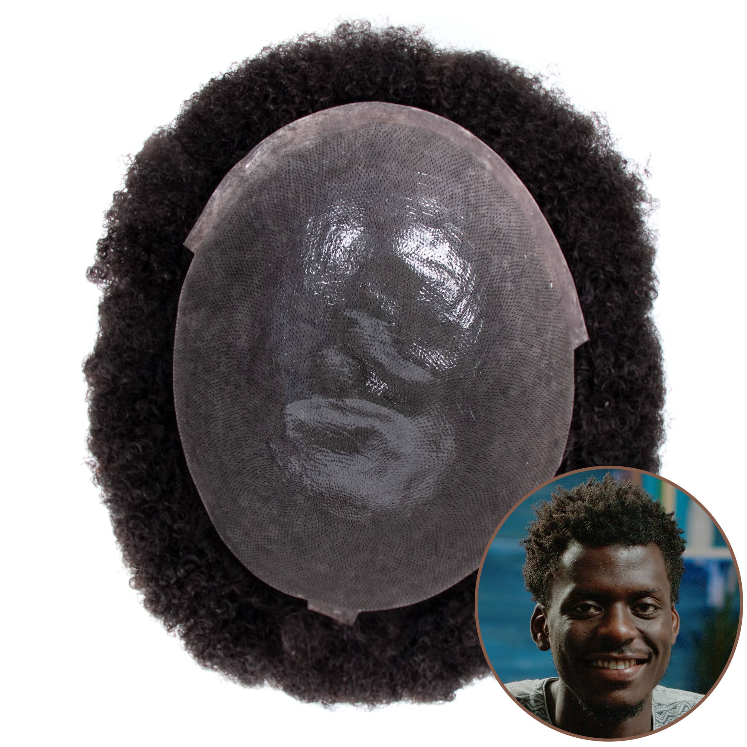 GEXWIGS Sistema de cabello para hombres afroamericanos afro con base de piel con bucle en V de 0.12 mm 